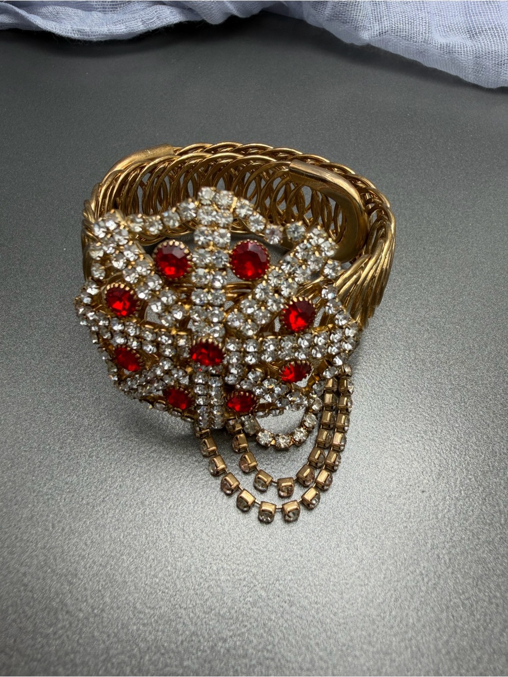 Vintage Bracelet with Red Crystal and Clear Rhinestones #494br